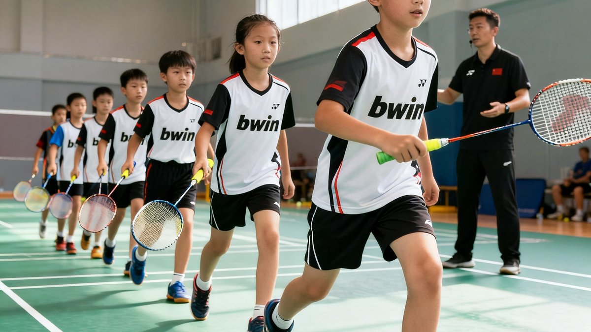 一群穿着bwin训练服的青少年在教练指导下进行羽毛球基础步伐训练，孩子们手持球拍排列成队，场馆内光线明亮，地面上清晰可见标准羽毛球场地的白色标线。