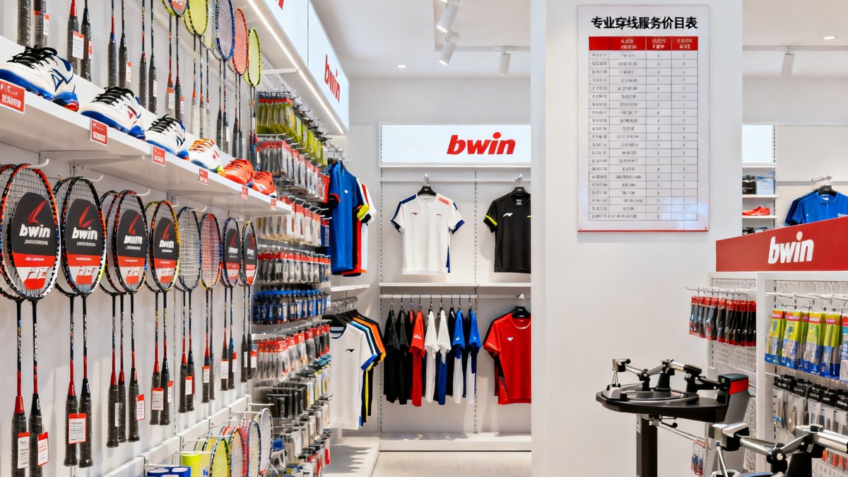 bwin羽毛球装备专卖店内部陈列展示，货架上整齐摆放着各大品牌羽毛球拍、羽毛球鞋、运动服装和配件，墙上挂有专业穿线服务价目表，店内环境整洁明亮。