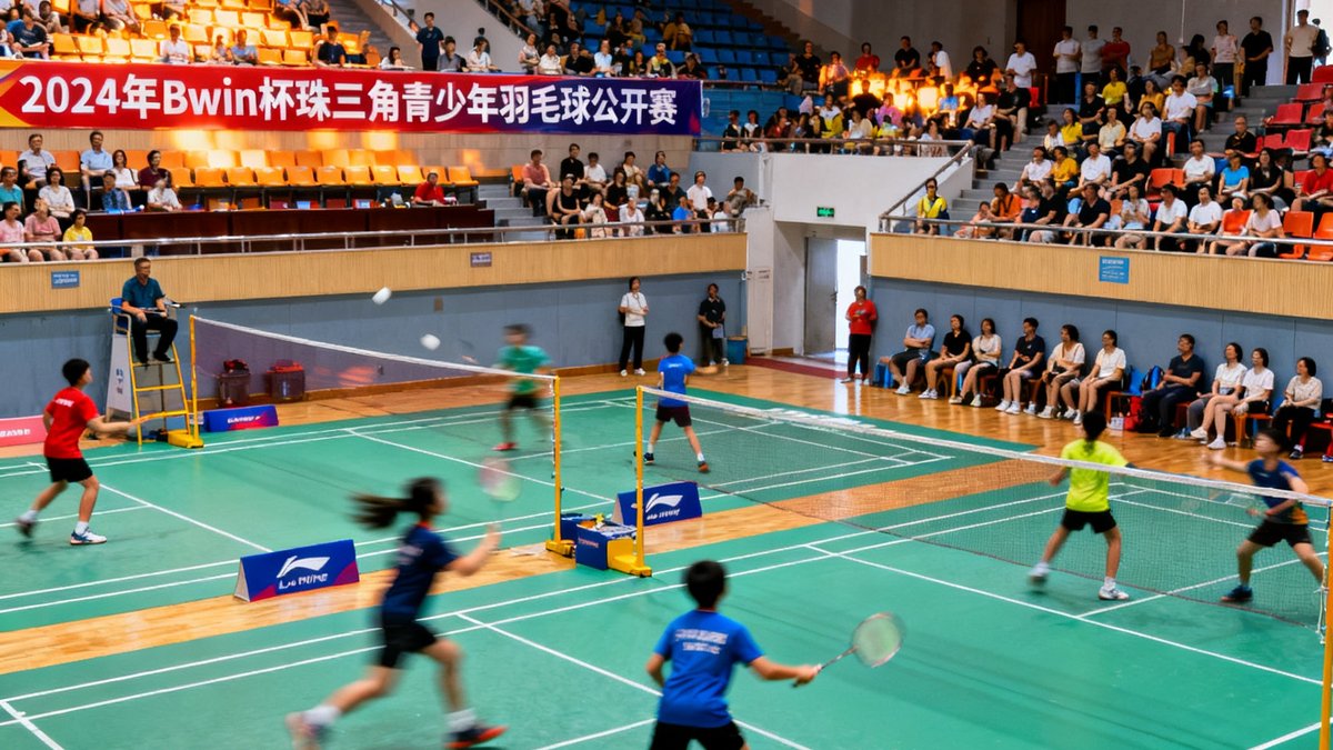 2025年bwin杯珠三角青少年羽毛球公开赛比赛现场照片，多名青少年选手在赛场上激烈对抗，看台上坐满了家长和观众，场馆内悬挂着赛事横幅和赞助商旗帜。