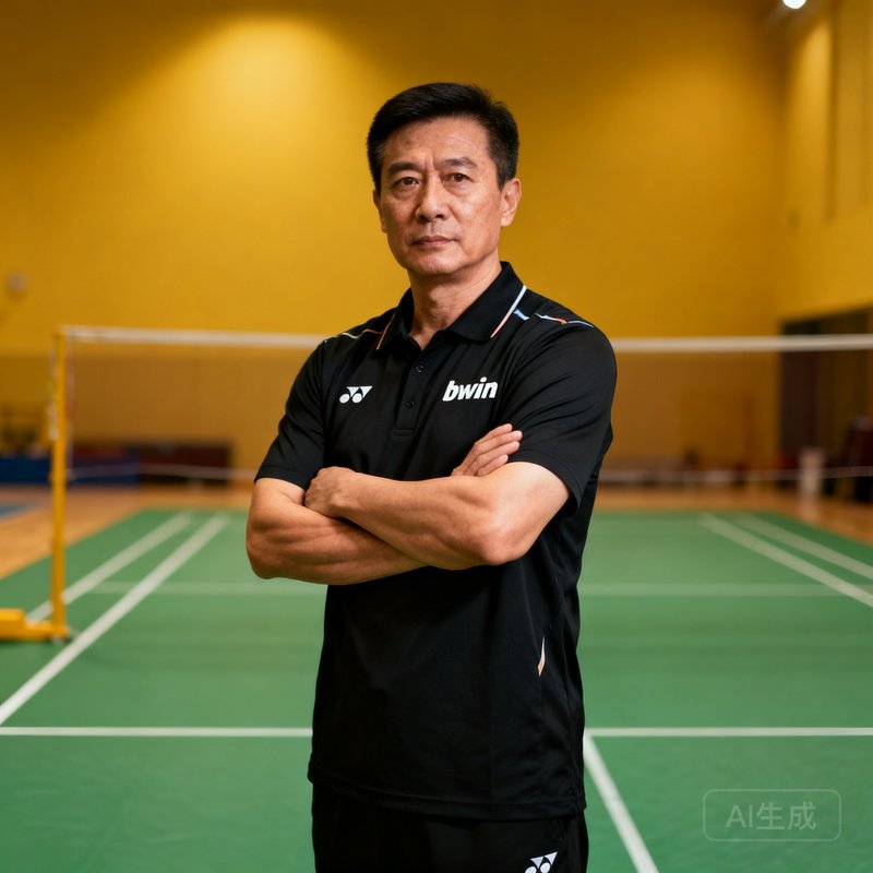 bwin高级教练张军的半身肖像照，他身材健硕穿着黑色教练服，双臂交叉站立在羽毛球场中央，眼神坚定有力，展现出一位资深体能训练师的气质。